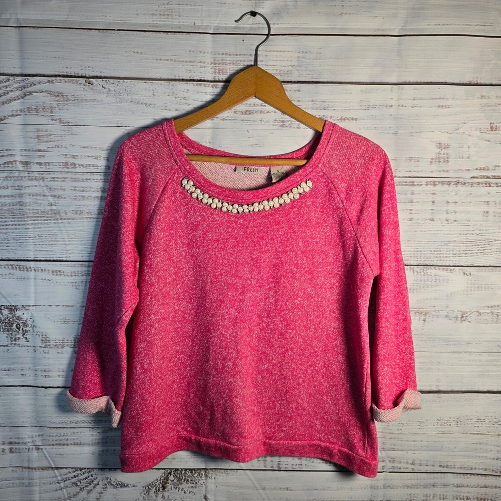 Fresh Pink‎ Embellished Sweatshirt Small Pearl Neck Pullover Cozy Cottagecore